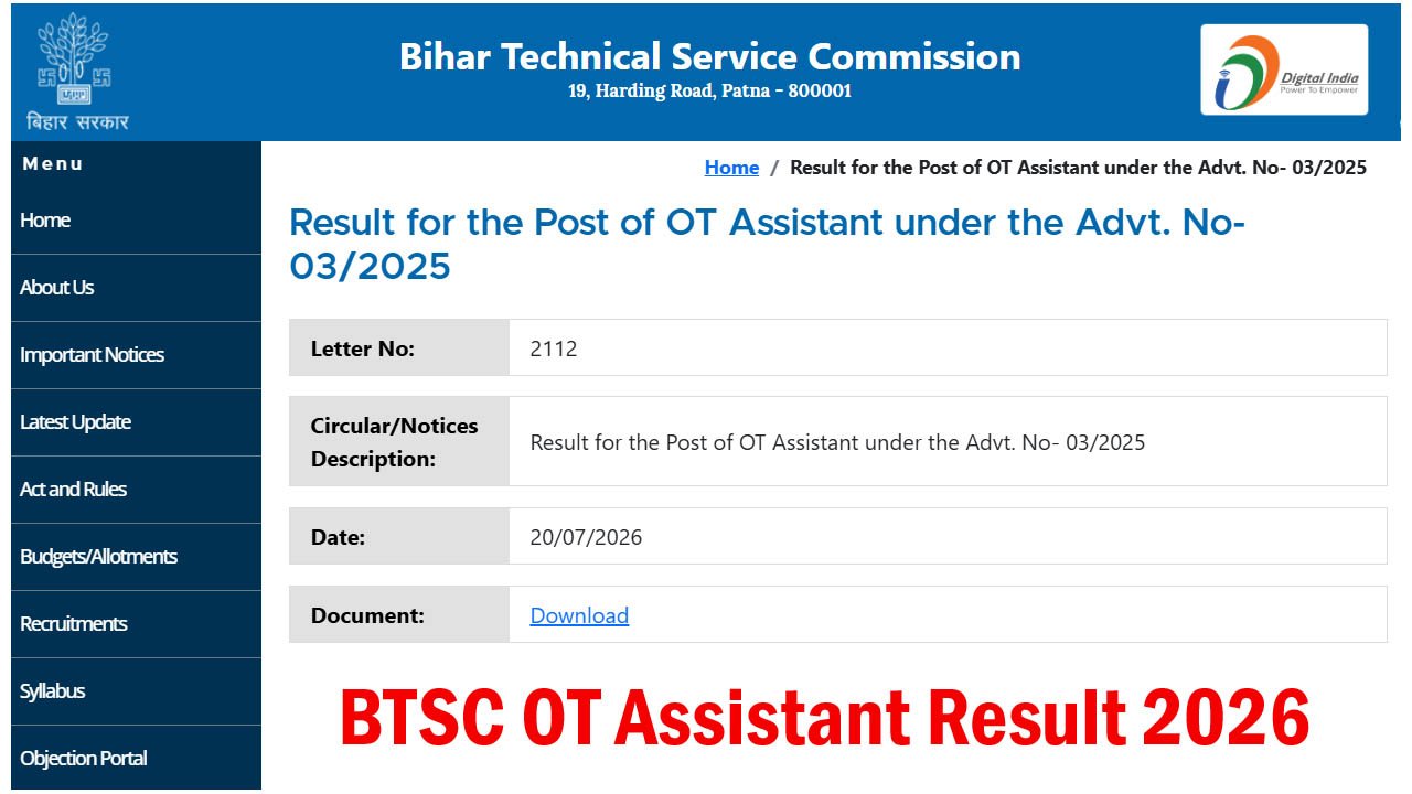 BTSC OT Assistant Result 2026