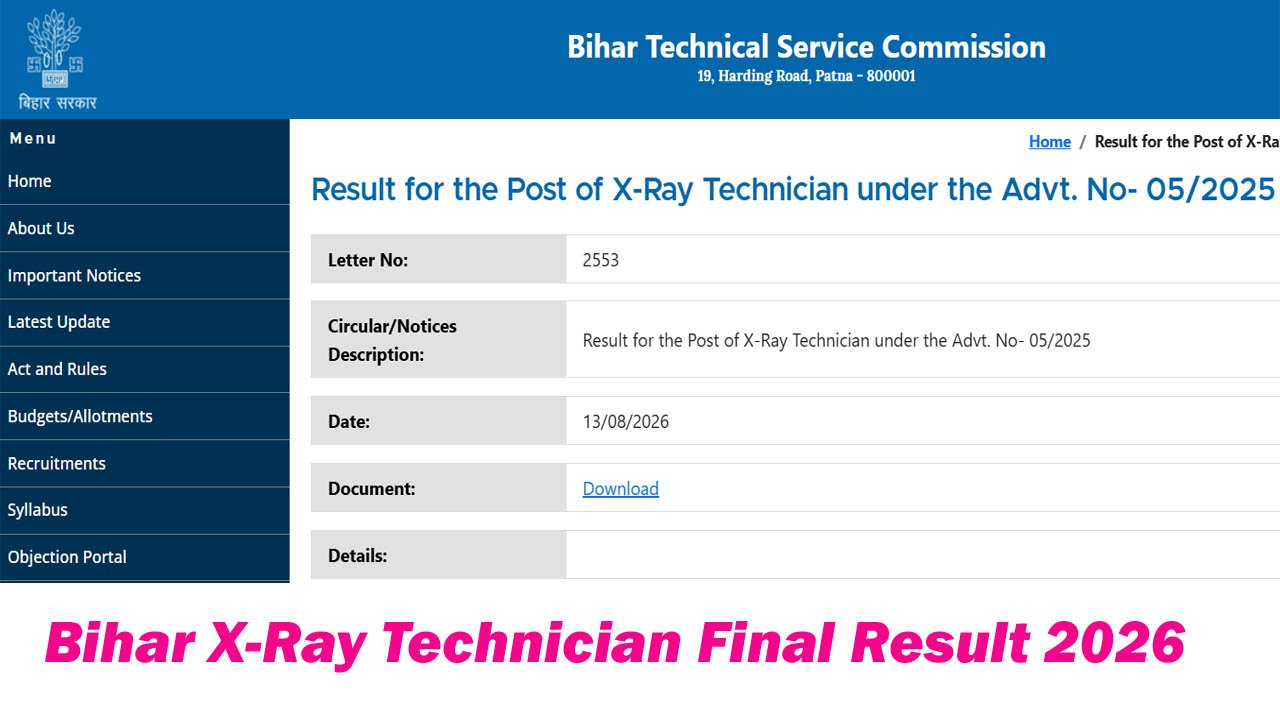 Bihar X-Ray Technician Final Result 2026